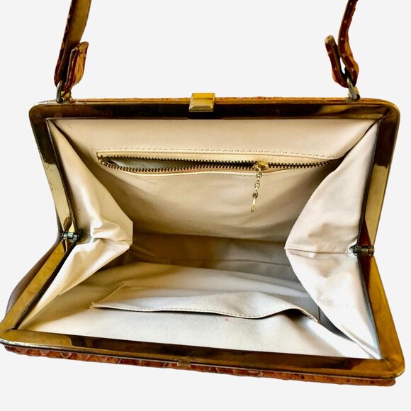 Vintage Snakeskin Handbag Structured Top Handle Clasp Purse Pocketbook - Picture 9 of 13